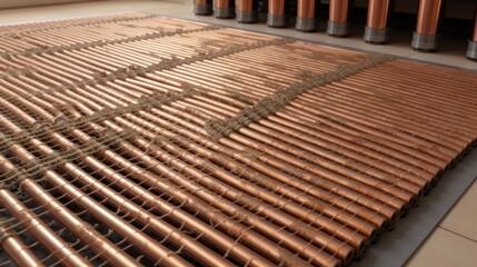 Copper Pipes Installation: A Detailed Close-up of  Rows of Copper Tubes Secured with Jute Twine on a Gray Surface