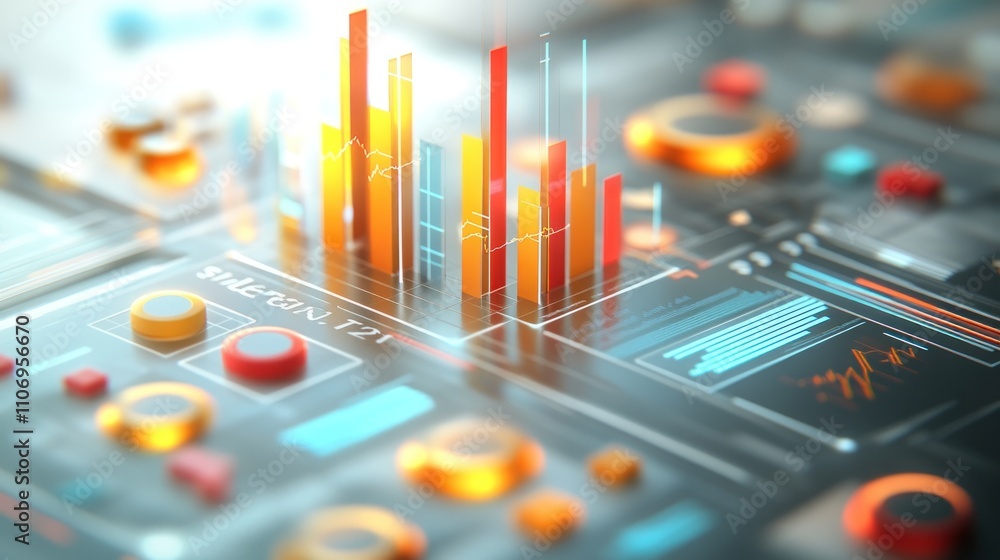 Aufkleber A futuristic data visualization interface with graphs and controls for analysis.