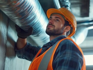 Man in a safety vest and hard hat is working on a pipe. He is wearing gloves and has a serious expression on his face