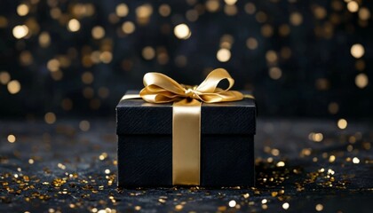 Elegant black gift box with a golden ribbon on a festive background with scattered golden stars and ribbons, perfect for luxury and celebration themes