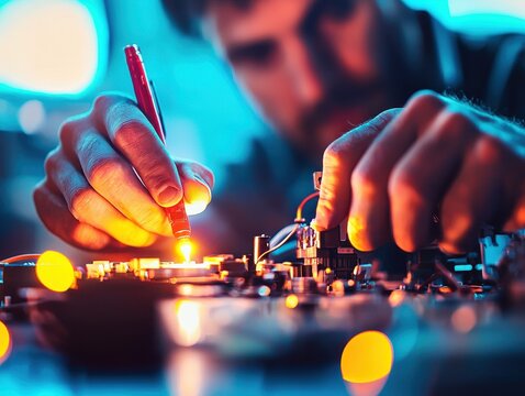aircraft technician avionics concept. Close-up of a technician repairing electronics with tools and illuminated components.