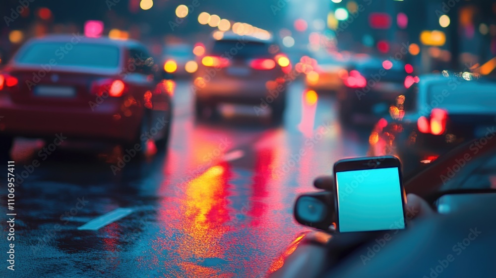 Poster blurry image of a car with a phone in the driver's hand. the phone is displaying a blank screen. con
