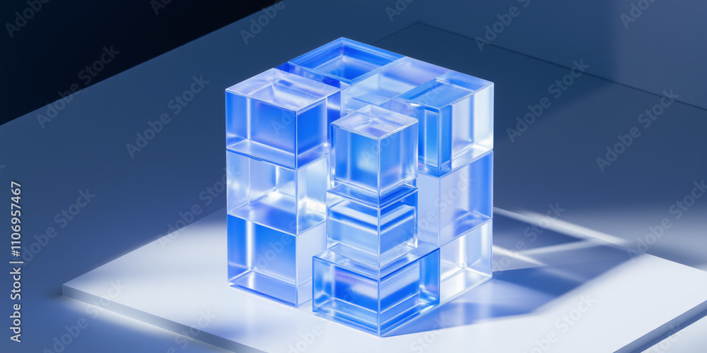 Poster an artistic representation of a transparent blue cube structure, featuring layered geometric shapes 
