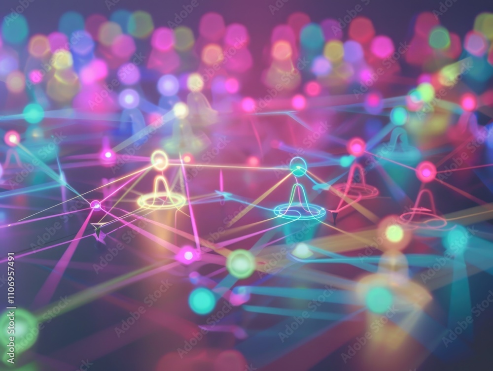 Poster colorful image of people and dots that are connected to each other. concept of interconnectedness an