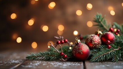 Ornate Red Christmas Ornaments Among Pine Branches Create a Festive Holiday Ambiance