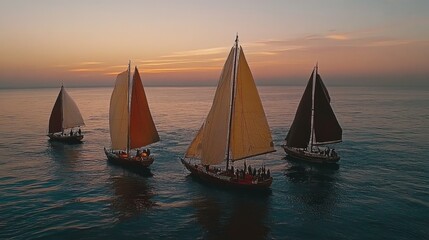 Fototapeta premium Sailboats racing at sunset with an aerial view