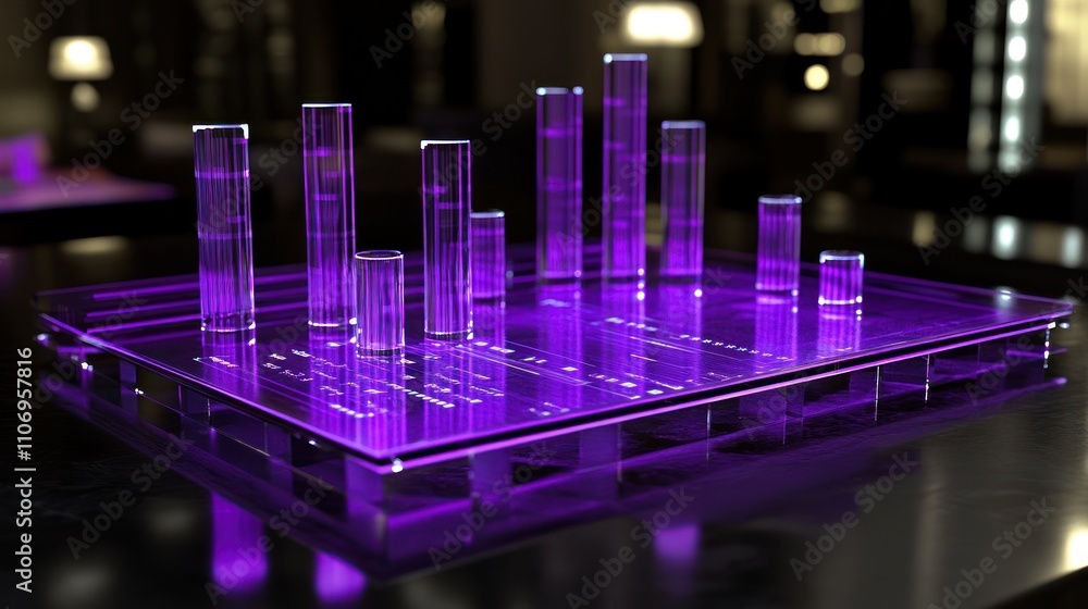 Aufkleber A 3D bar graph in purple, showcasing data visualization on a reflective surface.