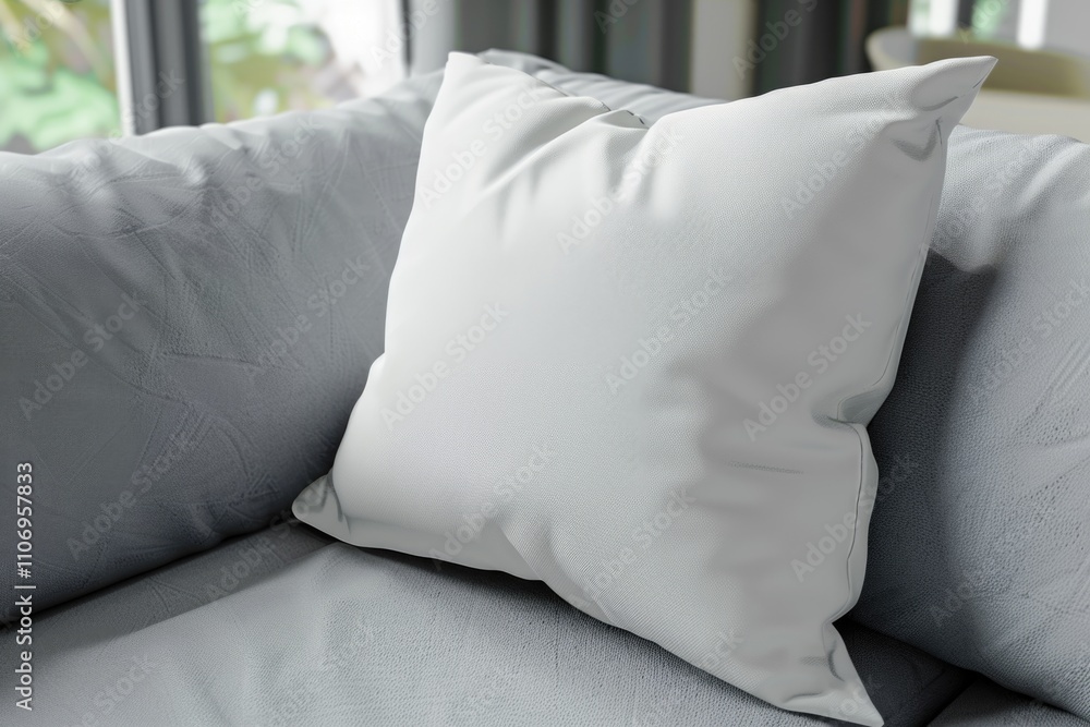 Poster white pillow sits on a gray couch. the pillow is the only object in the image. the couch is the main