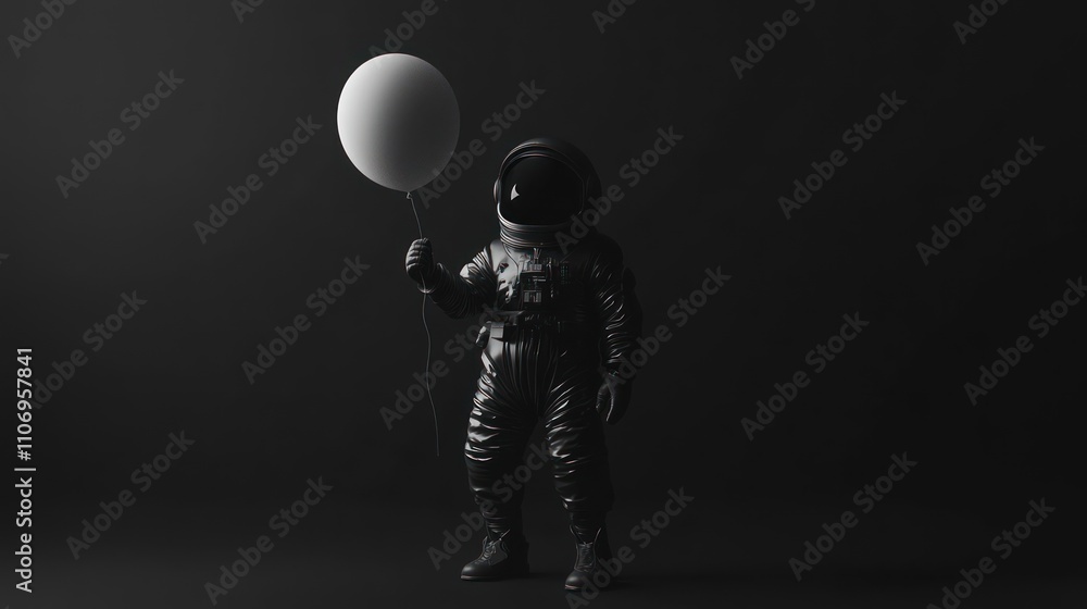 Poster an astronaut holding a white balloon in a dark setting, blending whimsy and space themes.