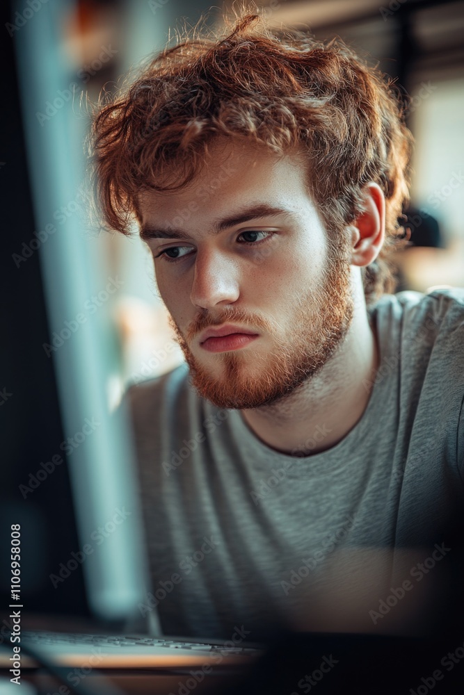 Poster man with a beard and red hair is looking at a computer monitor. he is focused on the screen, possibl