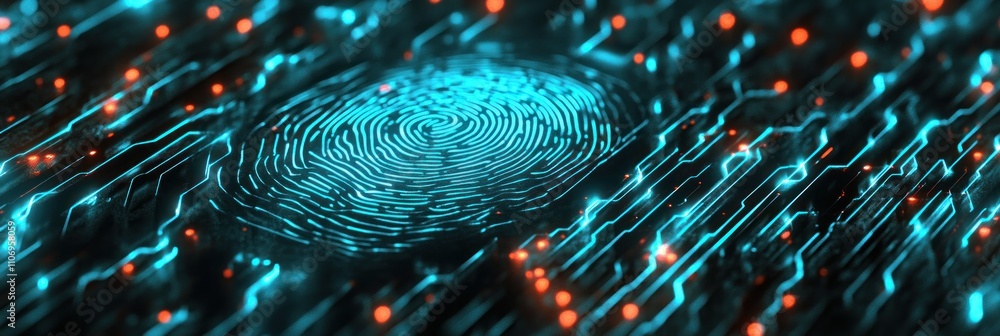 Poster abstract representation of a fingerprint overlaid on a digital circuit background.