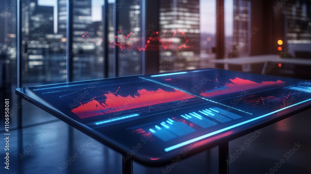 Aufkleber A futuristic table displaying data analytics in a modern office setting.