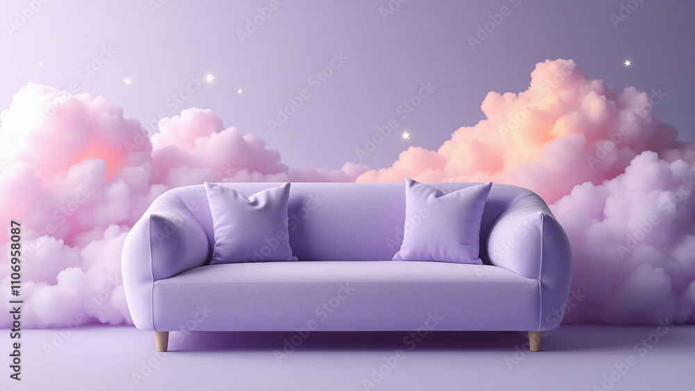 Poster a whimsical illustration of a lavender sofa set against a backdrop of fluffy pastel clouds, creating