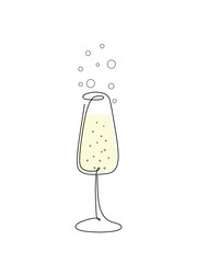 Contour illustration with one continuous line of an abstract glass glass with champagne, bubbles, vector. Decorative element for menu design, labels, decorations, holidays with a colored spot 