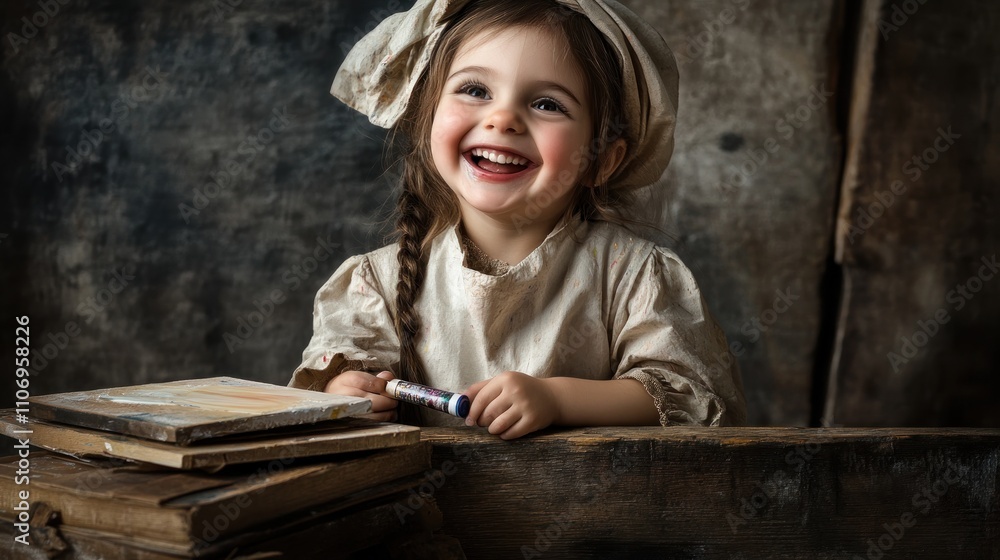 Aufkleber a cheerful child with a braid smiles while holding a crayon, surrounded by old books.