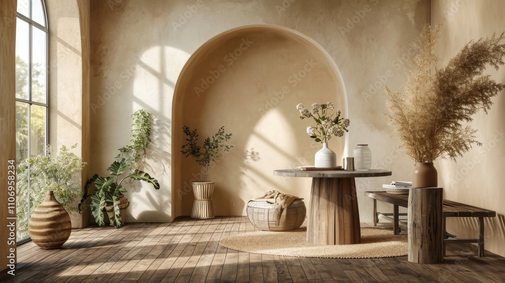 Poster room with a large archway and a table with a vase of flowers. the room is very spacious and has a wa