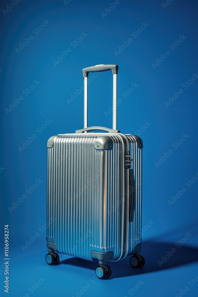 Poster silver suitcase with a blue background. the suitcase is open and has wheels. scene is calm and relax