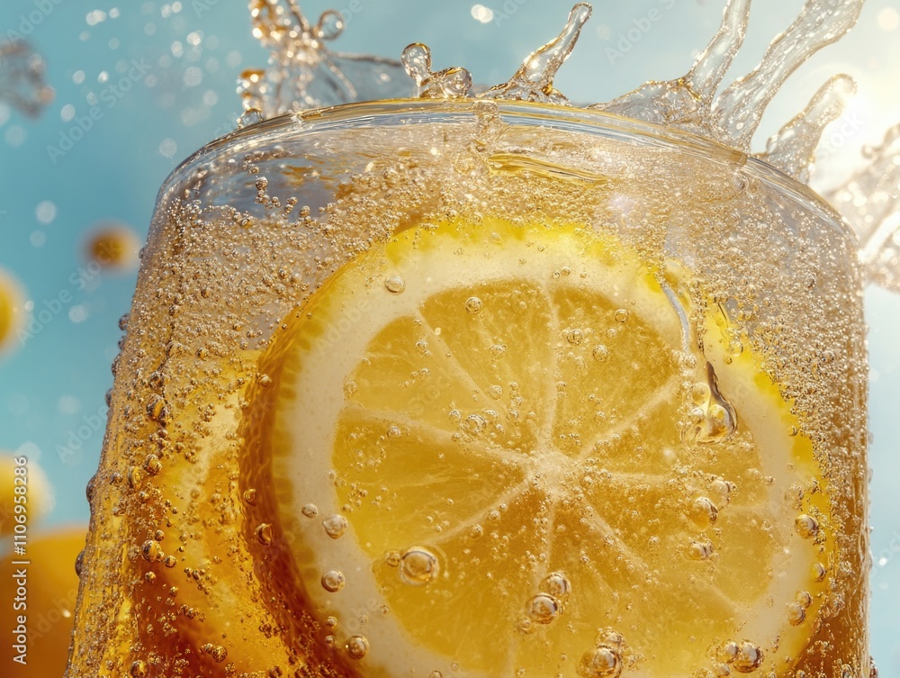 Poster glass of lemonade with a slice of lemon in it. the bubbles in the drink give it a fun and playful ap