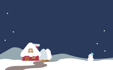 Naklejka premium 雪降る夜の家と雪だるまのシンプルな背景イラスト