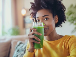 Woman is drinking a green juice while sitting on a couch. She is smiling and she is enjoying her drink