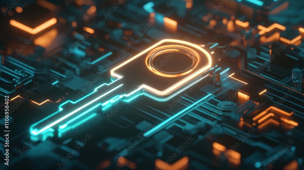 Aufkleber a glowing key symbol on a digital circuit board, representing cybersecurity and technology.