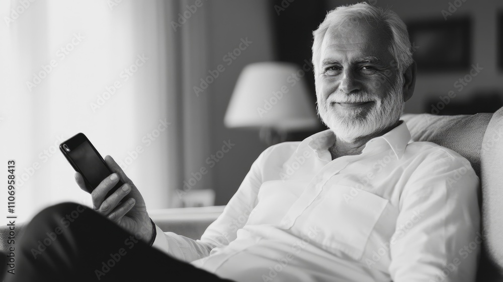 Poster man is sitting on a couch with a cell phone in his hand. he is smiling and he is enjoying himself