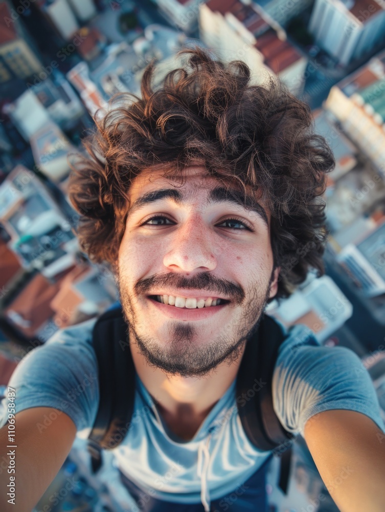 Poster man with a beard and a backpack is smiling at the camera. the image has a happy and lighthearted moo