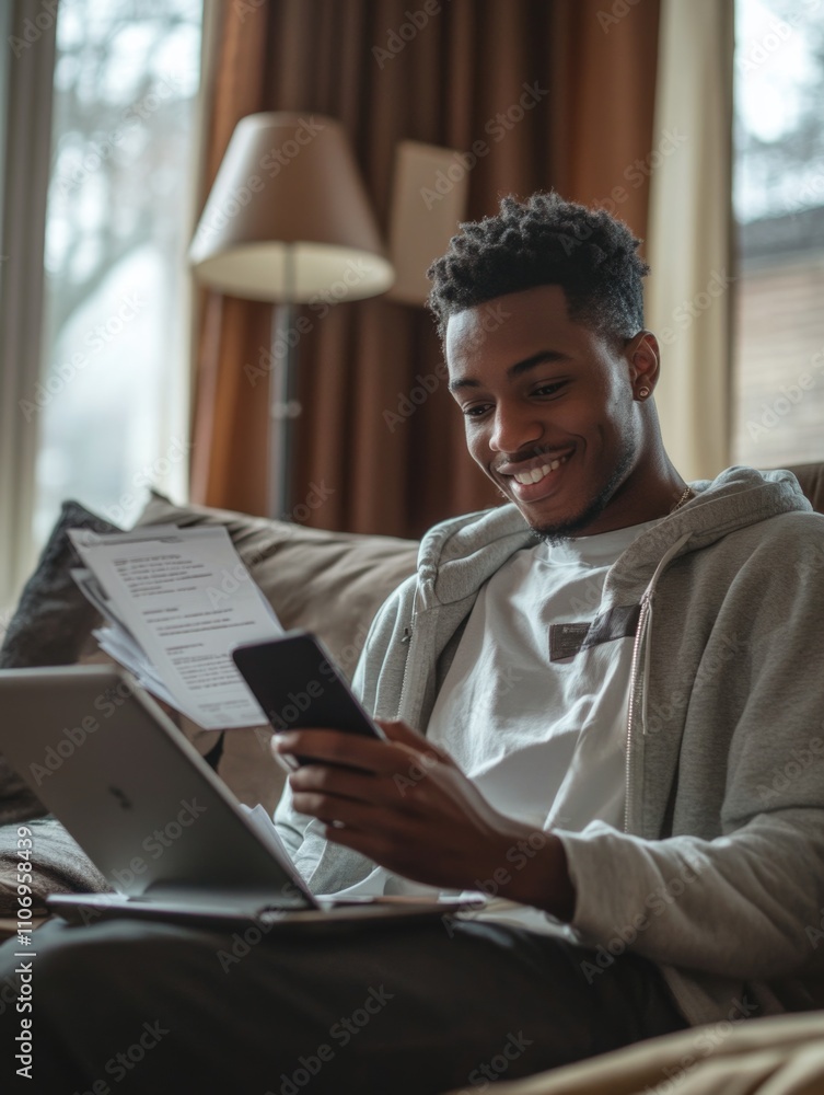 Poster man is sitting on a couch and looking at his phone. he is smiling and he is happy