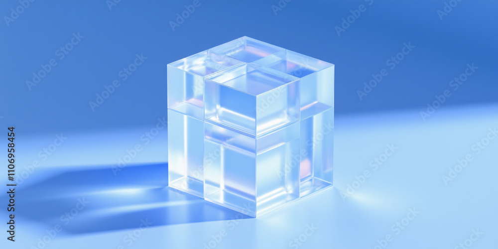 Poster a clear cube structure rendered in a soft blue environment, featuring transparent layers that create