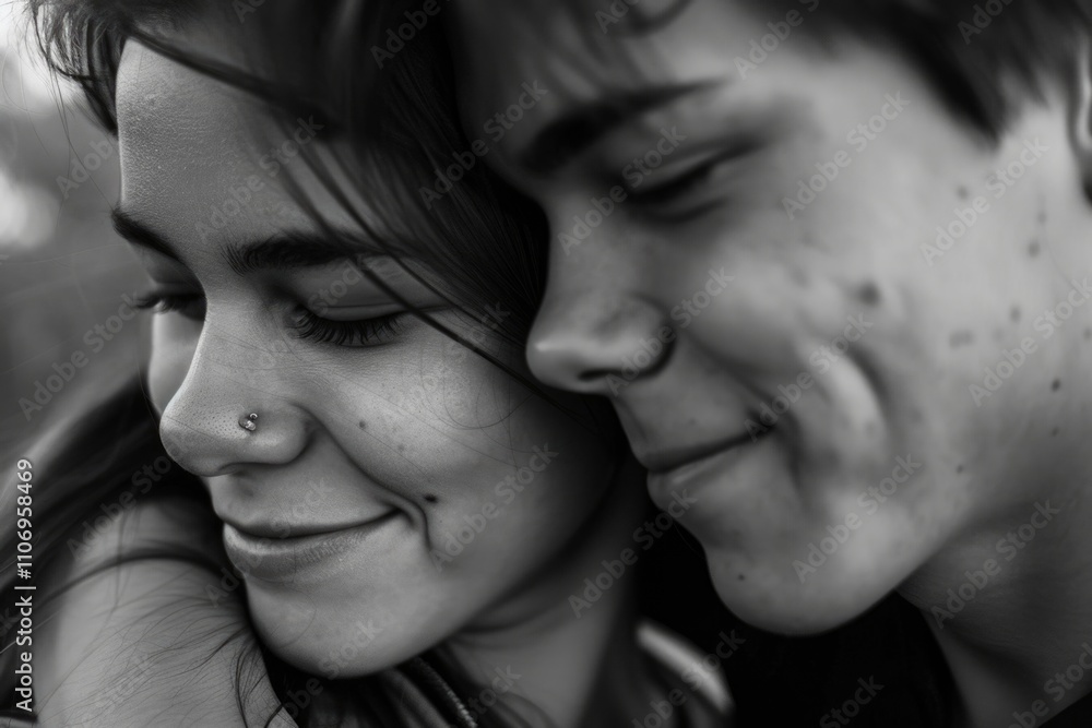 Poster couple is hugging and smiling at the camera. the girl has a nose ring and the boy has a beard. scene