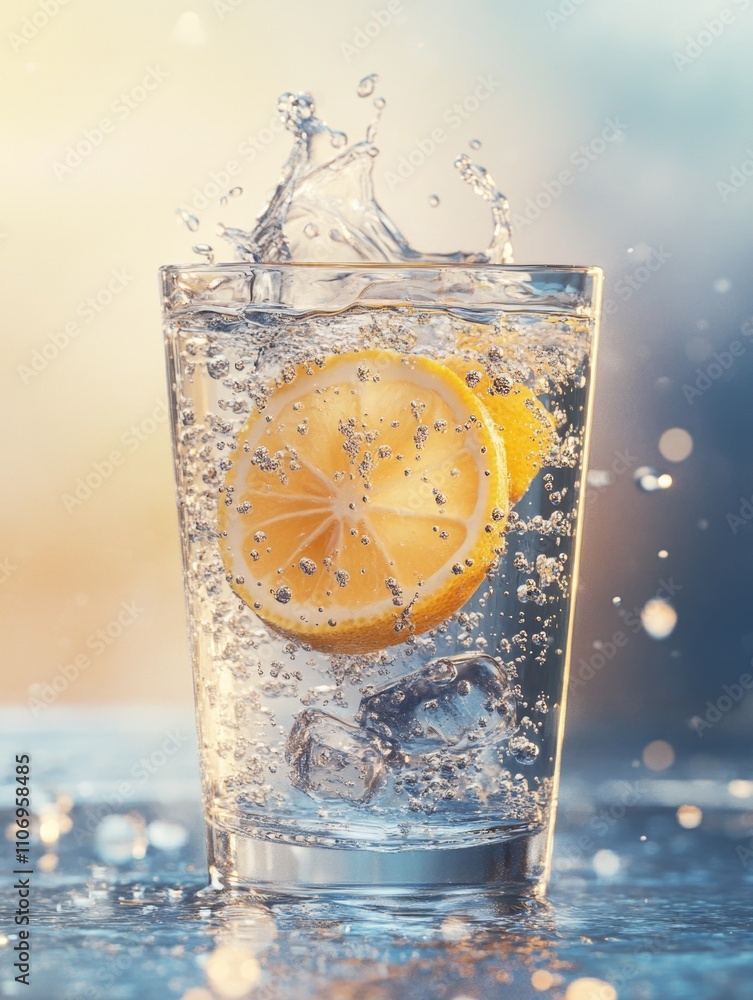 Poster glass of water with a slice of lemon floating in it. the water is cold and the lemon slice is visibl