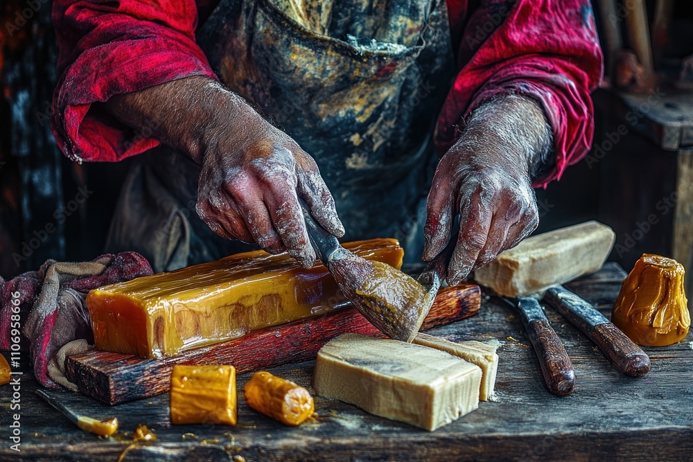 Poster a craftsman shapes and slices caramel-like substances on a wooden table with tools.