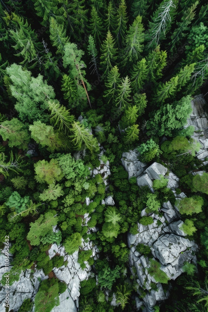 Poster lush green forest with trees of various sizes and heights. the trees are spread out across the image