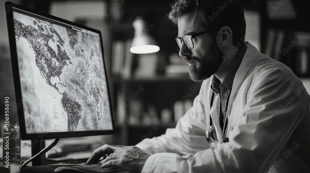 Aufkleber man in a white lab coat is looking at a computer monitor displaying a map of the united states