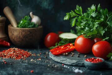 Bowl of spices and vegetables including tomatoes, peppers, and cilantro. The spices are scattered around the bowl and the vegetables are piled up