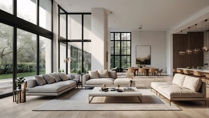 Fototapeta premium Minimalistic Living Room with large floor-to-ceiling windows Panoramic Garden View V6