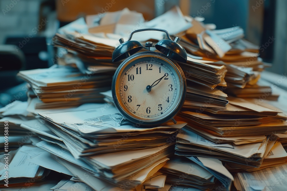 Poster clock is on top of a pile of papers. the clock is showing the time as 10:30
