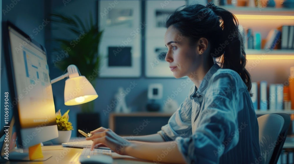 Poster woman is sitting at a desk with a computer monitor in front of her. she is typing on the keyboard an