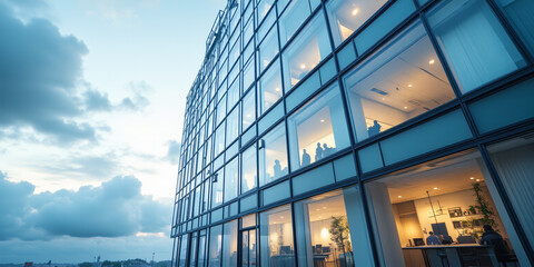 A modern office building with large glass windows reflecting the sky, showcasing a contemporary architectural design and the activity of people inside for architecture.