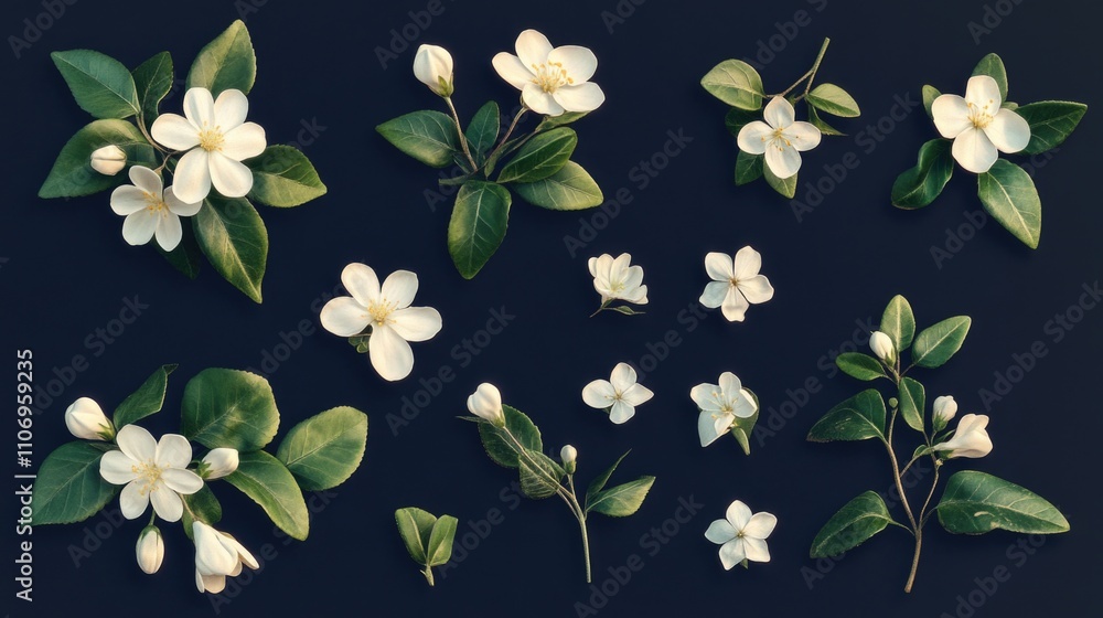 Poster collection of white flowers are displayed on a black background. the flowers are arranged in various
