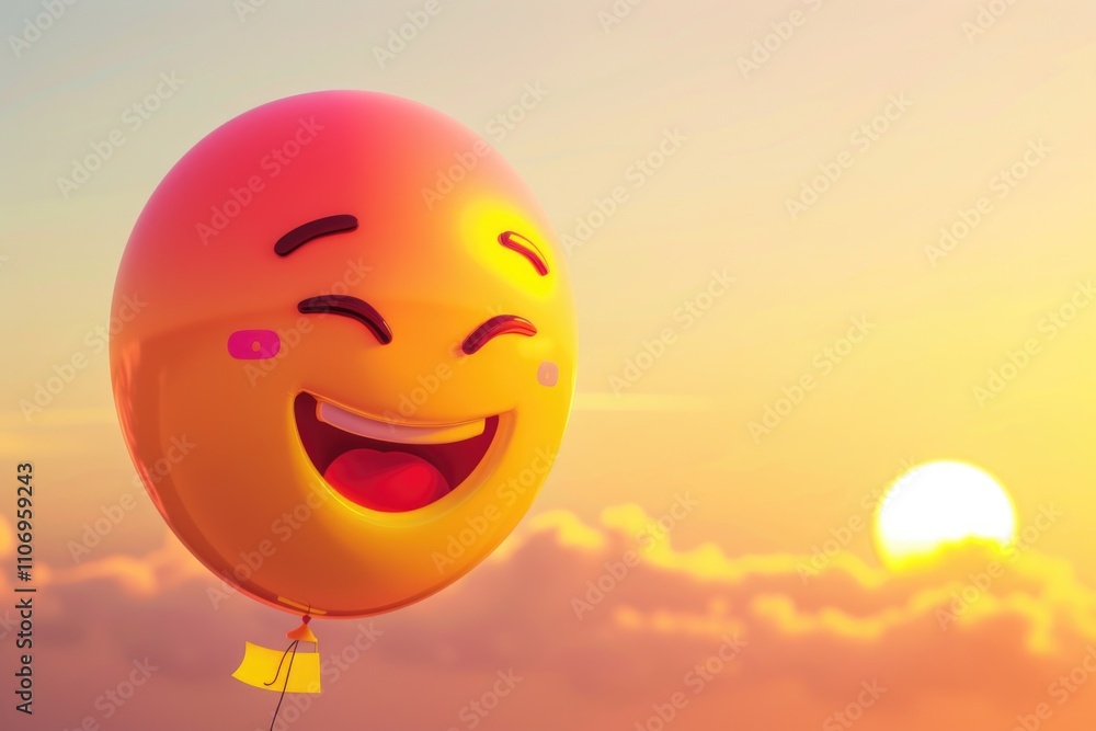 Poster yellow and red emoji balloon is flying in the sky. the balloon is smiling and has a yellow and red f