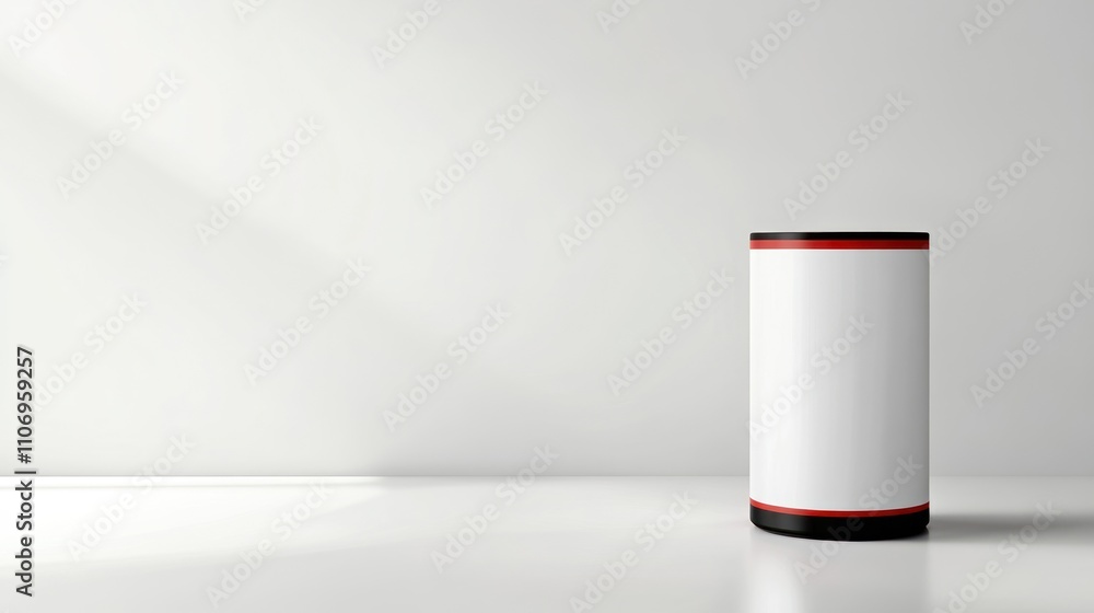 Poster a minimalist cylindrical container with a white surface and black-red accents.