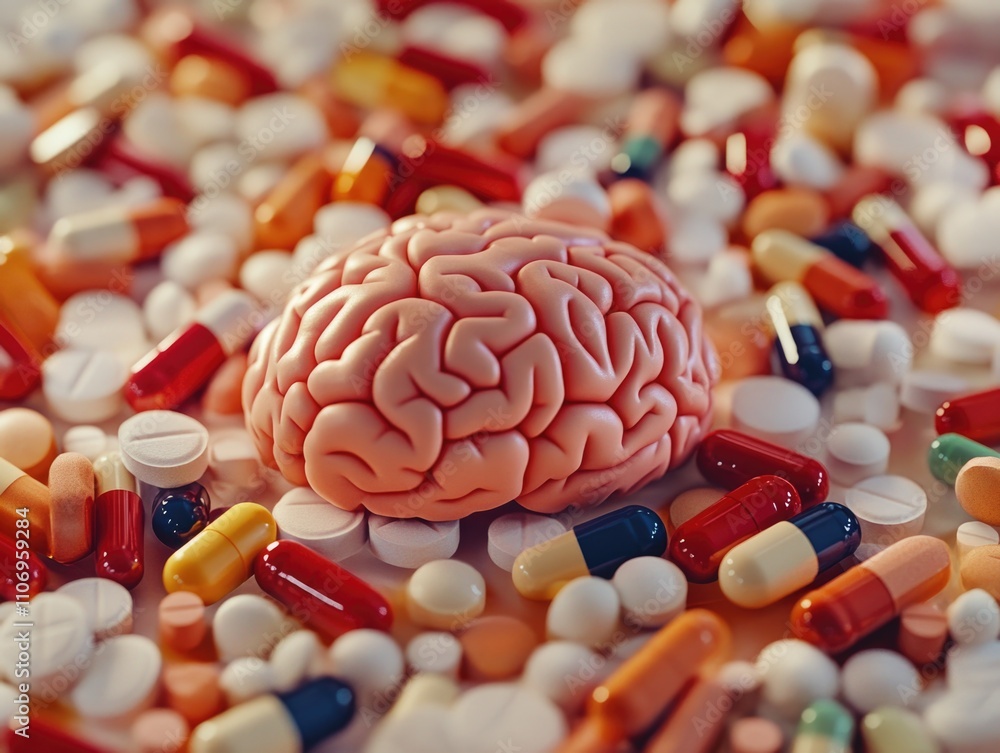 Aufkleber brain is surrounded by many different colored pills. the pills are scattered all over the brain, cre