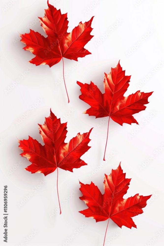 Poster four red maple leaves are arranged in a row on a white background. the leaves are large and vibrant,