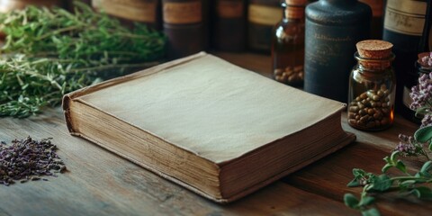 Book is on a table with herbs and spices. The book is open to a blank page