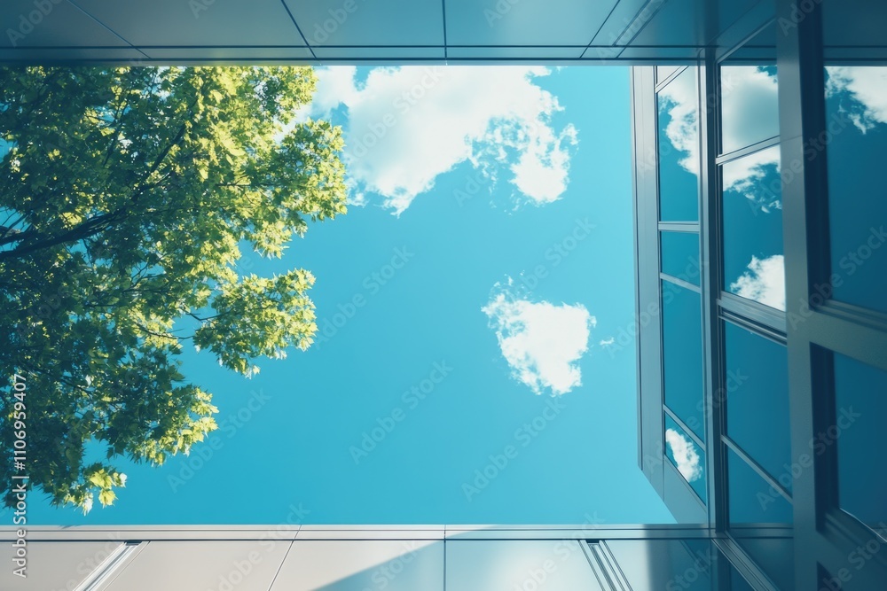 Aufkleber tree is growing in front of a building with a clear blue sky above it. the sky is filled with clouds