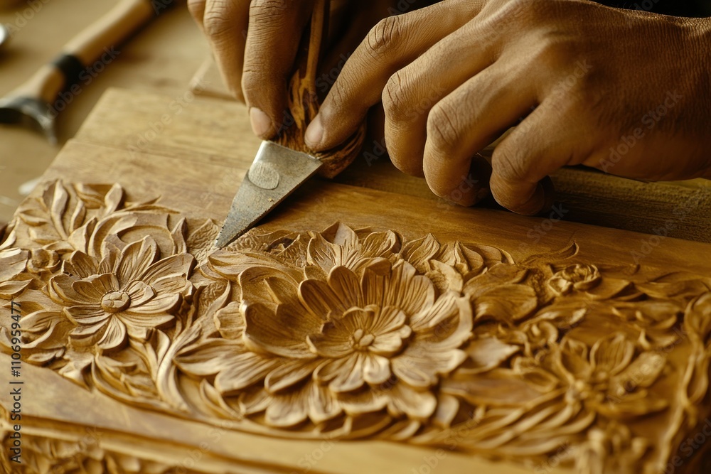 Poster a craftsman intricately carving floral designs into wood using a chisel.