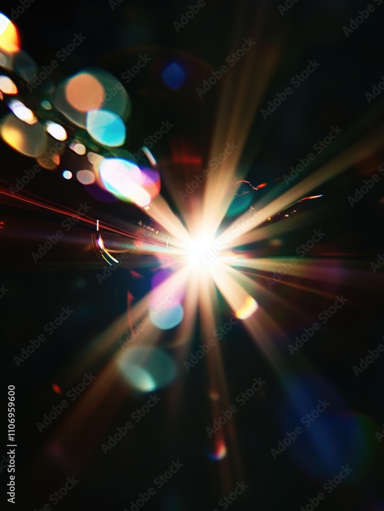 Poster bright light is shining on a blurry image of a car. the light is creating a colorful and dynamic eff