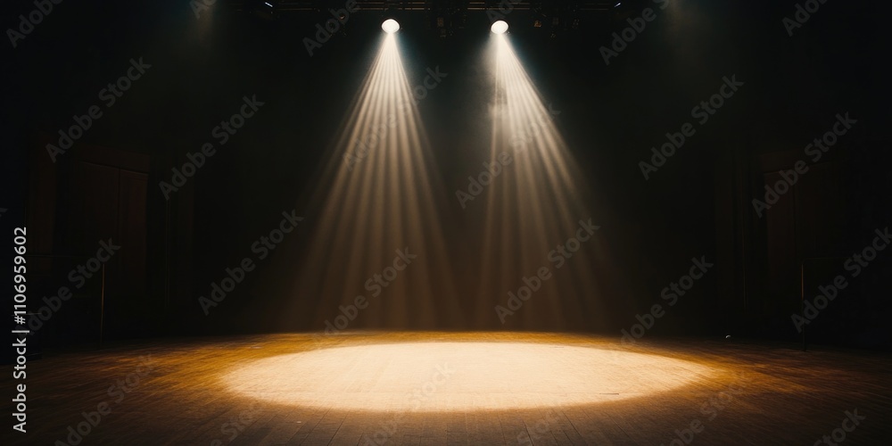 Poster stage with two spotlights shining on it. the stage is empty and the lights are on