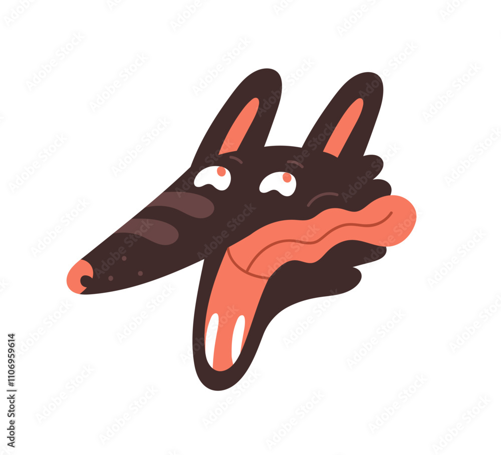 Poster funny wolf character with tongue out and open mouth. joyful happy excited quirky animal avatar, play